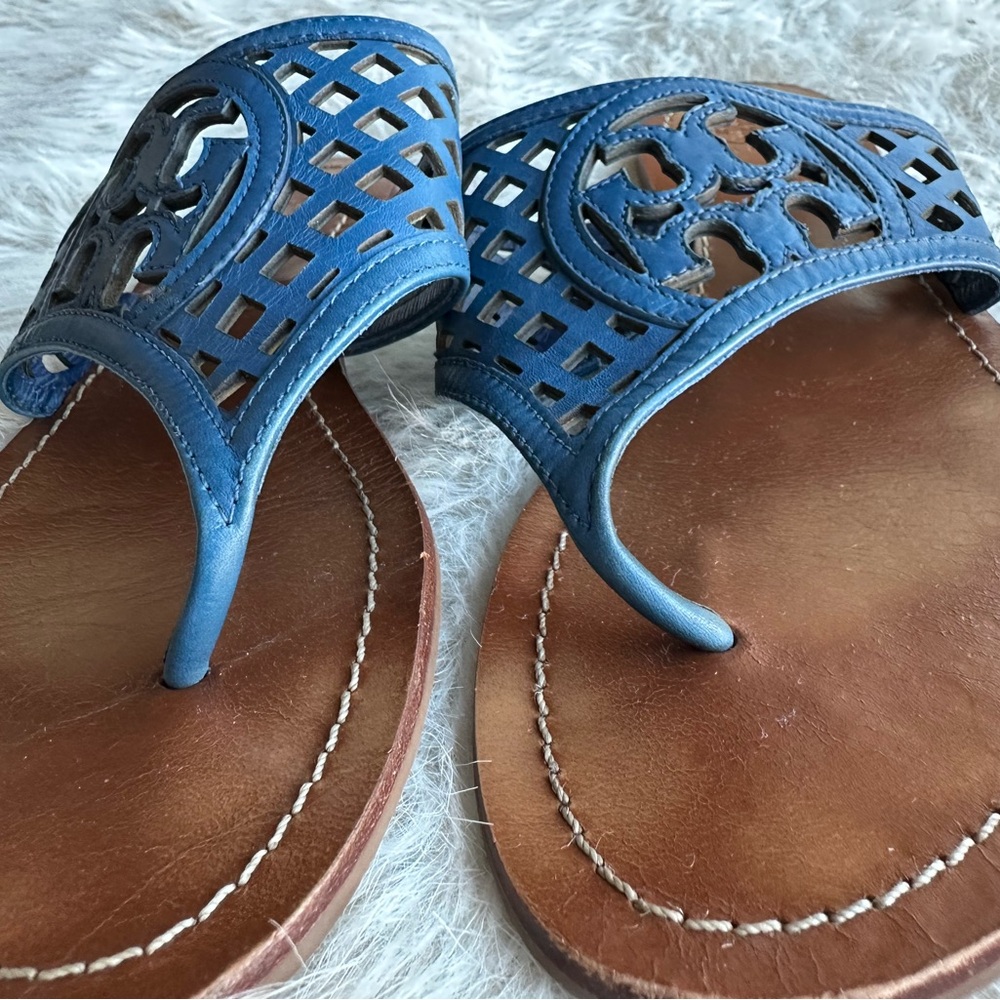 Tory Burch Blue mesh double T logo Sandals cut out flip flop - Picture 9 of 11